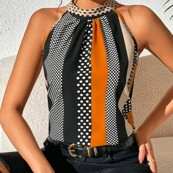 COPY - Polka Dot Print Key Hole Back Halter Neck Blouse - Picture 4 of 6